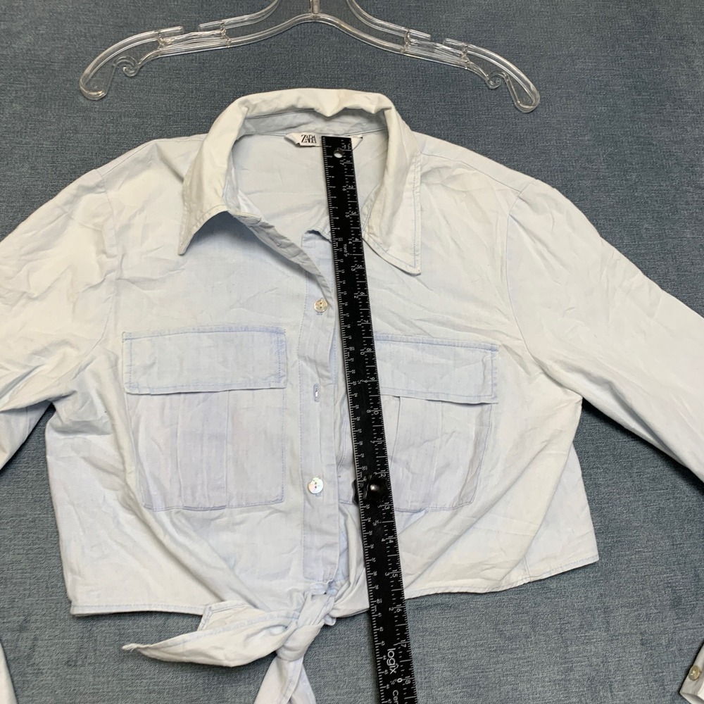 Zara Cropped Shirt Womens Small Light Blue Tie Front Utility Pockets Minimalist - Picture 9 of 16